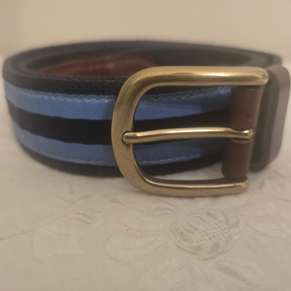YRI Nantucket Ribbon Navy & Light Blue Stripe Belt With Brown Leather And Brass